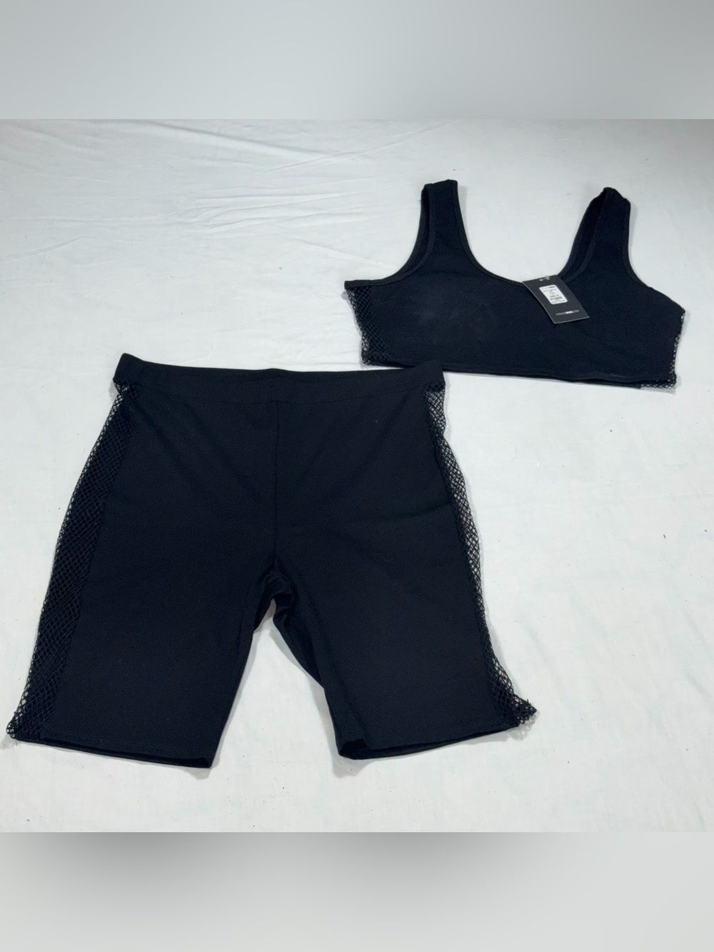 Fashion Nova NWT Black Mesh Crop Top Biker Shorts 2 Piece Set 1X